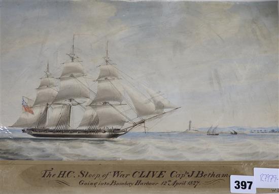 W. J. Huggins, watercolour, The H. C. sloop of War Clive Captain Betham Going into Bombay Harbour 1827, 27 x 39cm, unframed